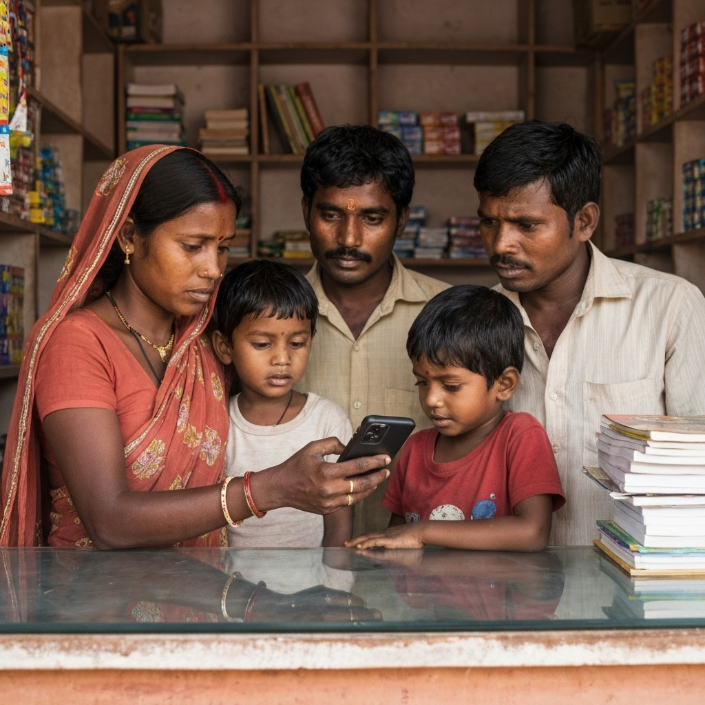 Rural Indian family using mobile banking